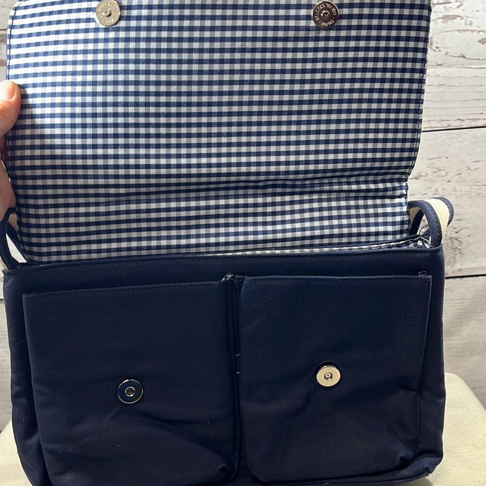 Jaclyn Smith navy blue satchel purse with checkered white and blue pattern insid - Picture 3 of 6